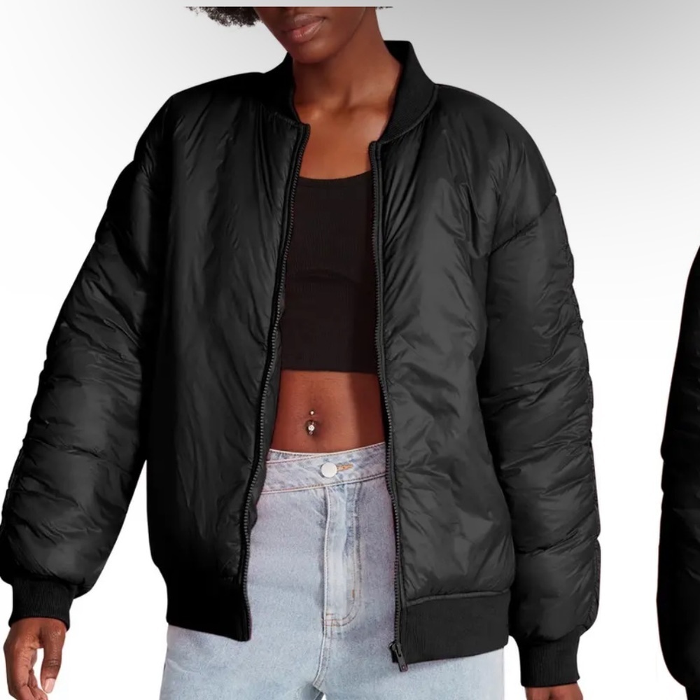 NWT Steve Madden black shirred puffer bomber jacket full zip size medium